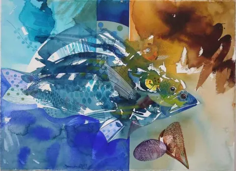 SEMİH KAPLAN — “Pinalı Kabuklu”, 2011 "Pinalı Kabuklu" eseri SEMİH KAPLAN tarafından 2011 yılında 56x76 cm ölçülerinde Kağıt üzeri sulu boya tekniği ile yapılmıştır.