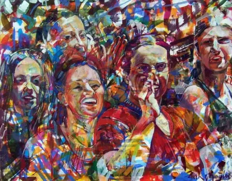 "Genç kızlar" eseri ZELİHA AKÇAOĞLU tarafından 2003 yılında 80x100 cm ölçülerinde Tuval üzeri akrilik boya tekniği ile yapılmıştır.