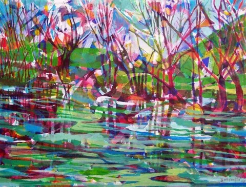 "Sulu manzara" eseri ZELİHA AKÇAOĞLU tarafından 2008 yılında 60x80 cm ölçülerinde Tuval üzeri akrilik boya tekniği ile yapılmıştır.