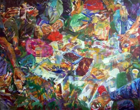 ZELİHA AKÇAOĞLU — “Piknik”, 2002 "Piknik" eseri ZELİHA AKÇAOĞLU tarafından 2002 yılında 110x141 cm ölçülerinde Tuval üzeri akrilik boya tekniği ile yapılmıştır.
