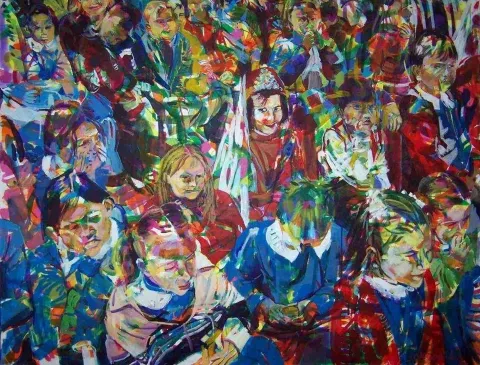 "Bayram" eseri ZELİHA AKÇAOĞLU tarafından 2004 yılında 100x125 cm ölçülerinde Tuval üzeri akrilik boya tekniği ile yapılmıştır.