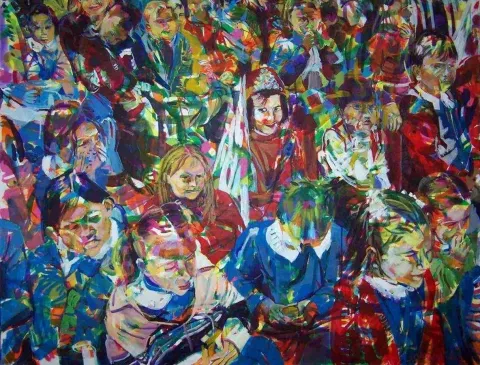 ZELİHA AKÇAOĞLU — “Bayram”, 2004 "Bayram" eseri ZELİHA AKÇAOĞLU tarafından 2004 yılında 100x125 cm ölçülerinde Tuval üzeri akrilik boya tekniği ile yapılmıştır.