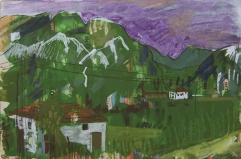 ZELİHA AKÇAOĞLU — “Köy manzarası”, 2004 "Köy manzarası" eseri ZELİHA AKÇAOĞLU tarafından 2004 yılında 30x21 cm ölçülerinde Kağıt üzeri akrilik boya tekniği ile yapılmıştır.