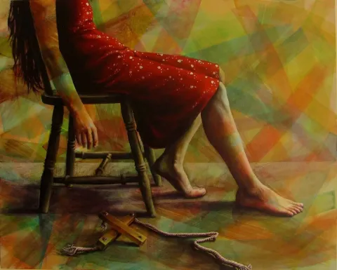 BANU KAYNAK — “İpin Ucu Kaçar I”, 2012 "İpin Ucu Kaçar I" eseri BANU KAYNAK tarafından 2012 yılında 80x100 cm ölçülerinde Tuval üzeri akrilik boya tekniği ile yapılmıştır.