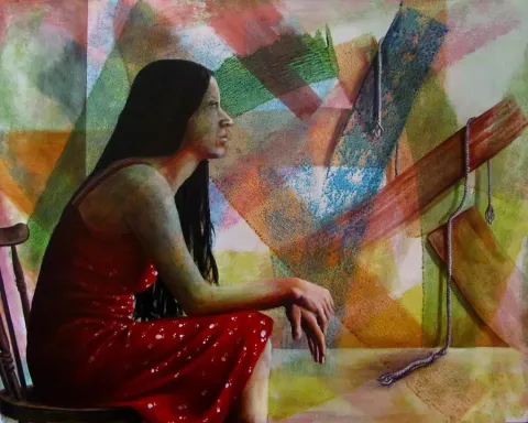 BANU KAYNAK — “İpin Ucu Kaçar II”, 2012 "İpin Ucu Kaçar II" eseri BANU KAYNAK tarafından 2012 yılında 80x100 cm ölçülerinde Tuval üzeri akrilik boya tekniği ile yapılmıştır.