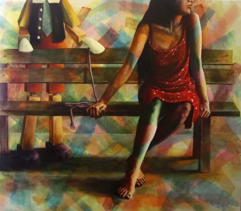 BANU KAYNAK — “İpin Ucu Kaçar III”, 2012 "İpin Ucu Kaçar III" eseri BANU KAYNAK tarafından 2012 yılında 140x160 cm ölçülerinde Tuval üzeri akrilik boya tekniği ile yapılmıştır.