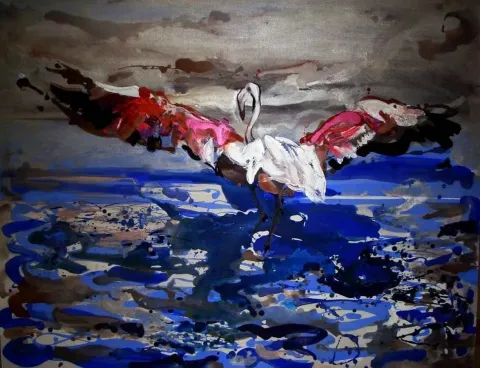 FÜSUN ÇAĞLAYAN — “uçuş”, 2012 "uçuş" eseri FÜSUN ÇAĞLAYAN tarafından 2012 yılında 100x120 cm ölçülerinde Tuval üzeri akrilik boya tekniği ile yapılmıştır.