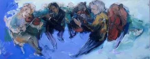 "Senfoni" eseri PERUZE HAMURCU tarafından 2011 yılında 60x150 cm ölçülerinde Tuval üzeri yağlı boya tekniği ile yapılmıştır.