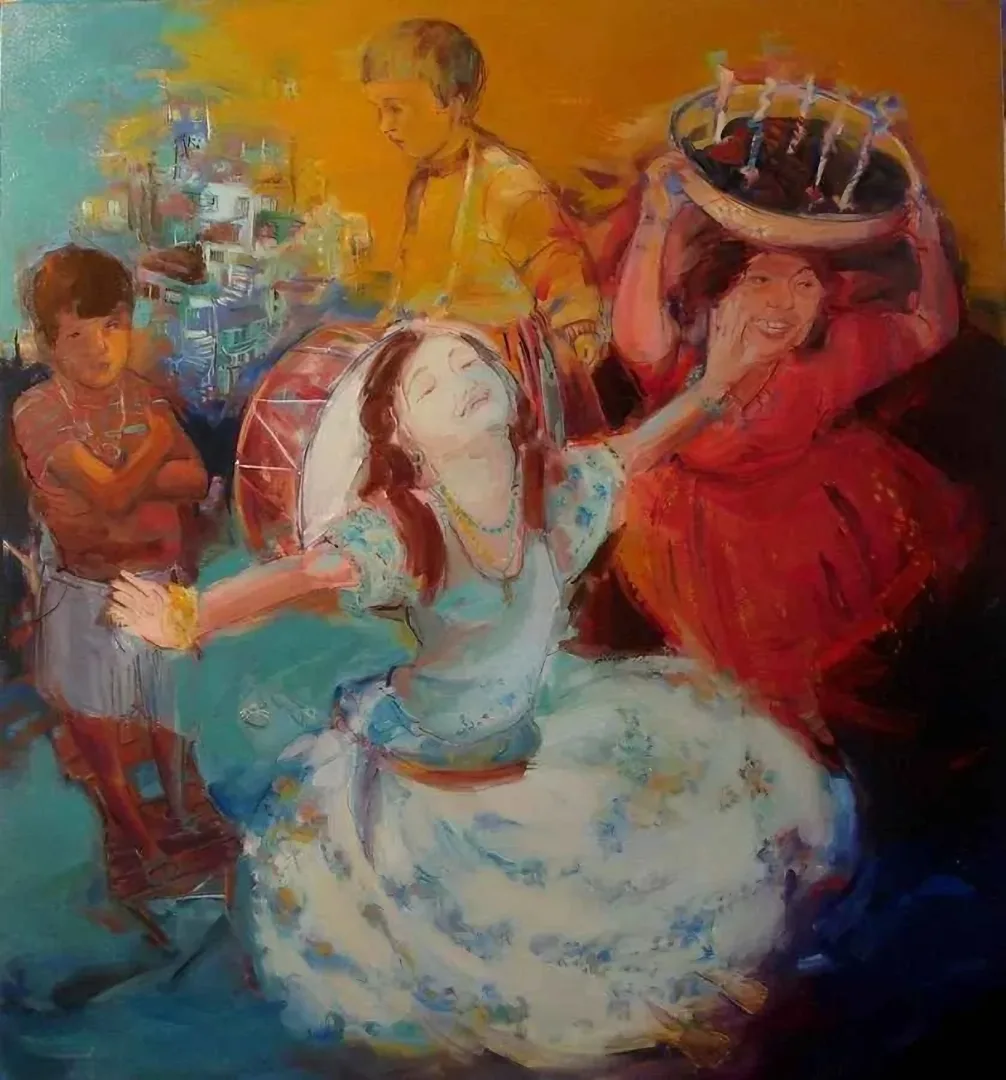 yakınlaştır "Kına Gecesi" eseri PERUZE HAMURCU tarafından 2009 yılında 120x110 cm ölçülerinde Tuval üzeri yağlı boya tekniği ile yapılmıştır.