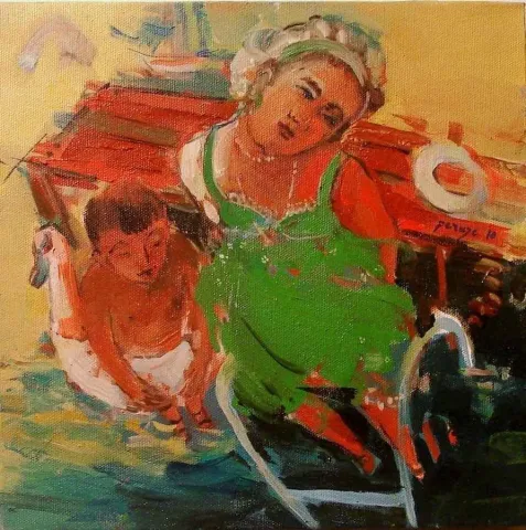 PERUZE HAMURCU — “Çok Sıcak”, 2010 "Çok Sıcak" eseri PERUZE HAMURCU tarafından 2010 yılında 30x30 cm ölçülerinde Tuval üzeri yağlı boya tekniği ile yapılmıştır.