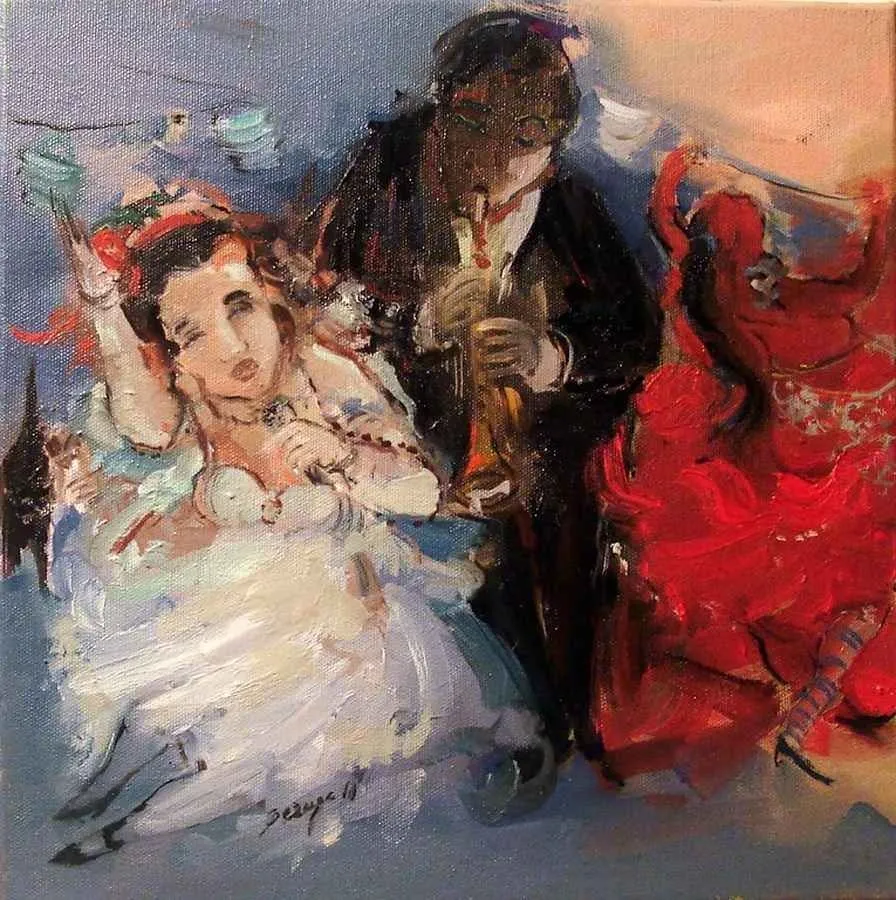 "Düğün" eseri PERUZE HAMURCU tarafından 2010 yılında 30x30 cm ölçülerinde Tuval üzeri yağlı boya tekniği ile yapılmıştır.