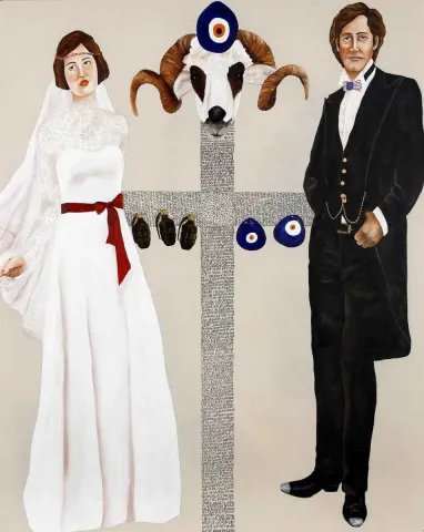 ARZU EŞ — “Dostum Amerika!”, 2013 "Dostum Amerika!" eseri ARZU EŞ tarafından 2013 yılında 120x150 cm ölçülerinde Tuval üzeri yağlı boya, kolaj tekniği ile yapılmıştır.