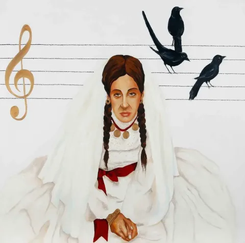 ARZU EŞ — “Deli Kızın Çeyizi”, 2013 "Deli Kızın Çeyizi" eseri ARZU EŞ tarafından 2013 yılında 130x130 cm ölçülerinde Tuval üzeri yağlı boya tekniği ile yapılmıştır.