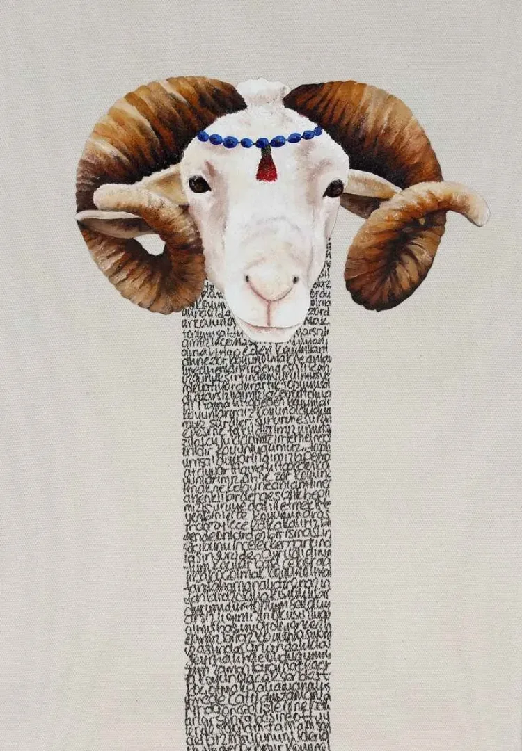 yakınlaştır "Dertli Koyun" eseri ARZU EŞ tarafından 2013 yılında 35x50 cm ölçülerinde Tuval üzeri yağlı boya, kolaj tekniği ile yapılmıştır.