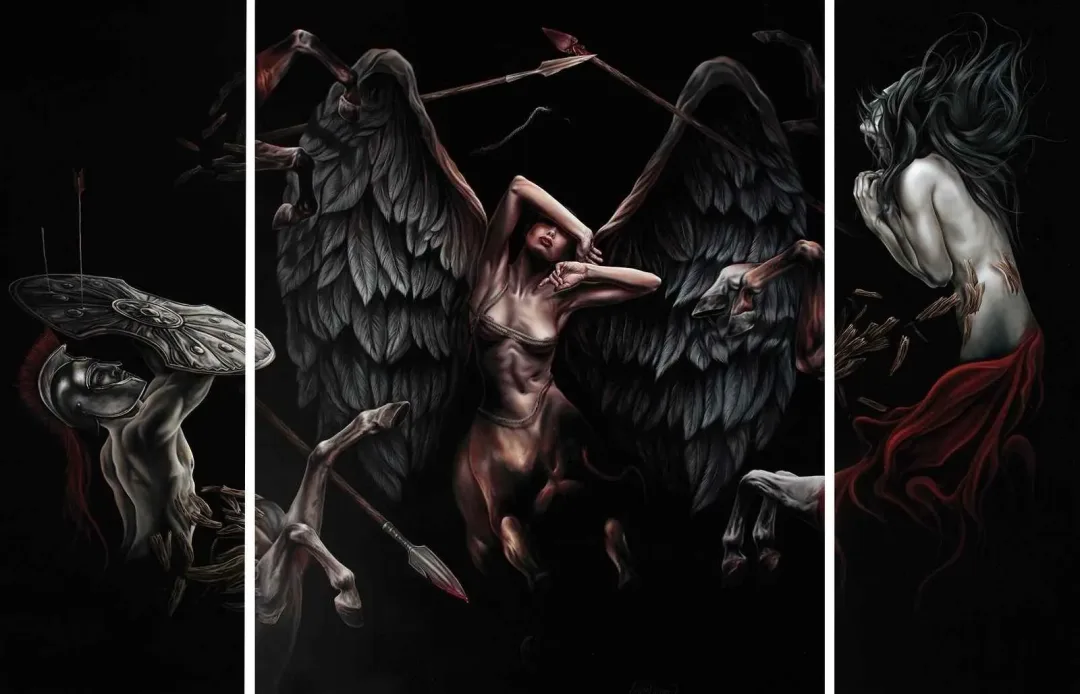 yakınlaştır "Tanrıların Savaşı (Gods War)" eseri BEHZAT FEYZULLAH tarafından 2013 yılında 300x200 cm ölçülerinde Tuval üzeri yağlı boya tekniği ile yapılmıştır.