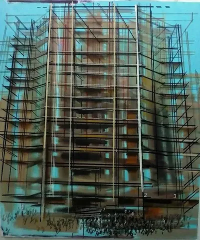 "İnşaat" eseri AYHAN ÇETİN tarafından 2012 yılında 110x90 cm ölçülerinde Tuval üzeri karışık teknik tekniği ile yapılmıştır.