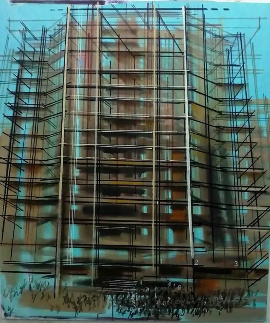 yakınlaştır "İnşaat" eseri AYHAN ÇETİN tarafından 2012 yılında 110x90 cm ölçülerinde Tuval üzeri karışık teknik tekniği ile yapılmıştır.