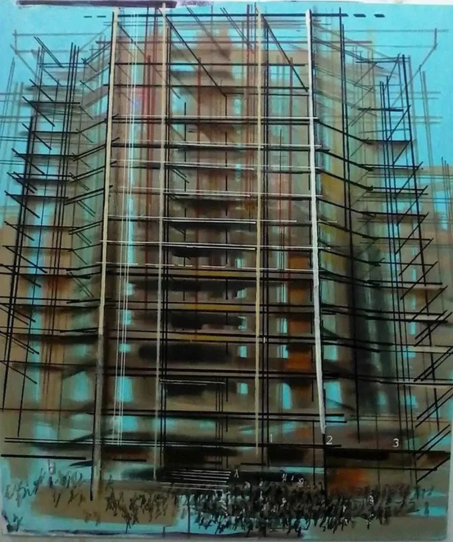 yakınlaştır "İnşaat" eseri AYHAN ÇETİN tarafından 2012 yılında 110x90 cm ölçülerinde Tuval üzeri karışık teknik tekniği ile yapılmıştır.
