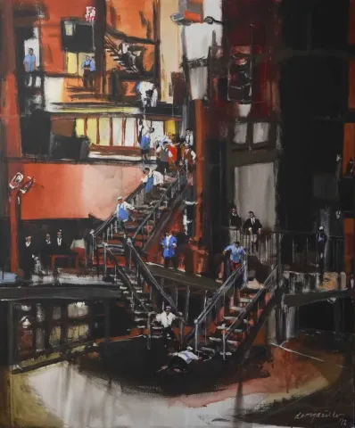 DERYA ÜLKER — “Sahne 1920 Mayerhold Tiyatrosundan yorum”, 2012 "Sahne 1920 Mayerhold Tiyatrosundan yorum" eseri DERYA ÜLKER tarafından 2012 yılında 140x116 cm ölçülerinde Tuval üzeri akrilik boya tekniği ile yapılmıştır.