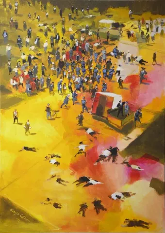 DERYA ÜLKER — “Sarı Sayfalar - Bir Ölü Lazım(Jorge Semprun)”, 2012 "Sarı Sayfalar - Bir Ölü Lazım(Jorge Semprun)" eseri DERYA ÜLKER tarafından 2012 yılında 140x100 cm ölçülerinde Tuval üzeri akrilik boya tekniği ile yapılmıştır.
