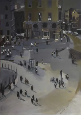 "Tefrika- Eski Galata" eseri DERYA ÜLKER tarafından 2012 yılında 140x100 cm ölçülerinde Tuval üzeri akrilik boya tekniği ile yapılmıştır.