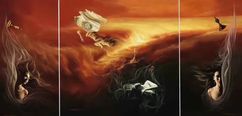 "Kırmızı Hat" eseri FİRDEVSİ FEYZULLAH tarafından 2010 yılında 70x140 cm ölçülerinde Tuval üzeri yağlı boya tekniği ile yapılmıştır.