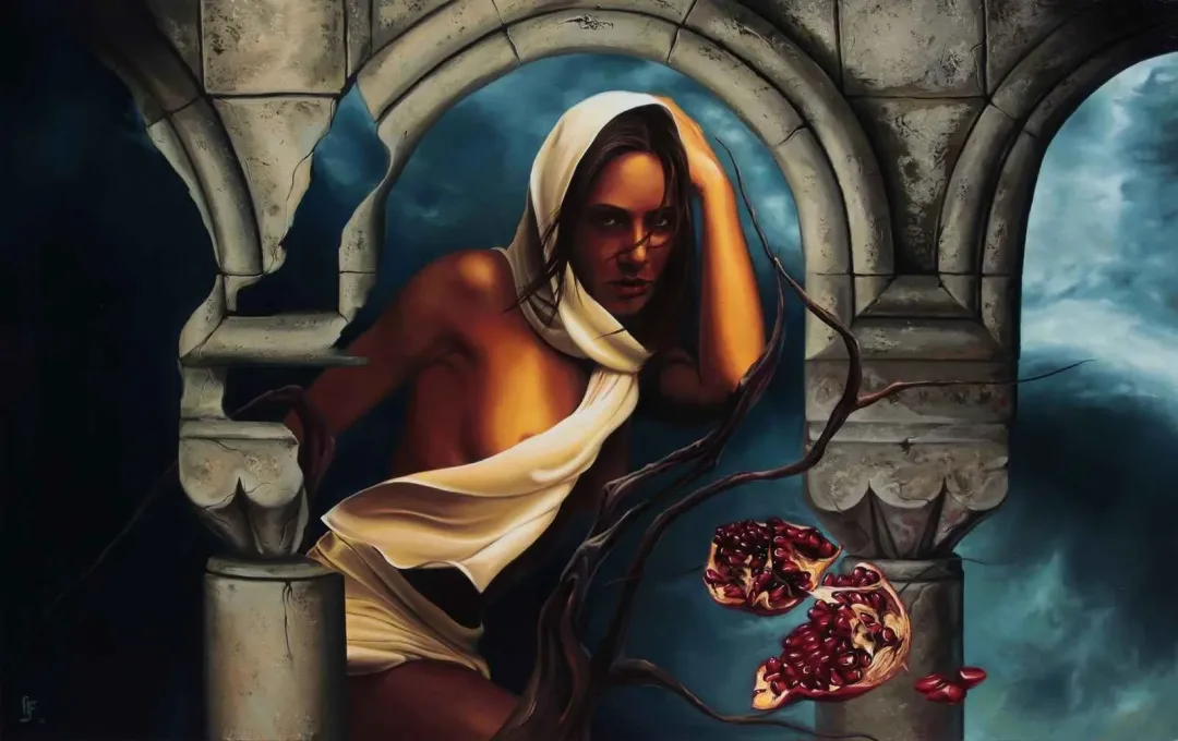 yakınlaştır "Persephone'un Kaçışı" eseri HÜSEYİN FEYZULLAH tarafından 2013 yılında 135x85 cm ölçülerinde Tuval üzeri yağlı boya tekniği ile yapılmıştır.