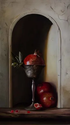 HÜSEYİN FEYZULLAH — “Narlar”, 2013 "Narlar" eseri HÜSEYİN FEYZULLAH tarafından 2013 yılında 90x50 cm ölçülerinde Tuval üzeri yağlı boya tekniği ile yapılmıştır.