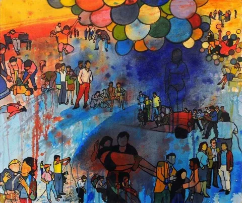 "Alamancılar tatilde" eseri NİHAT KAHRAMAN tarafından 1989 yılında 59x69 cm ölçülerinde Tuval üzeri yağlı boya tekniği ile yapılmıştır.