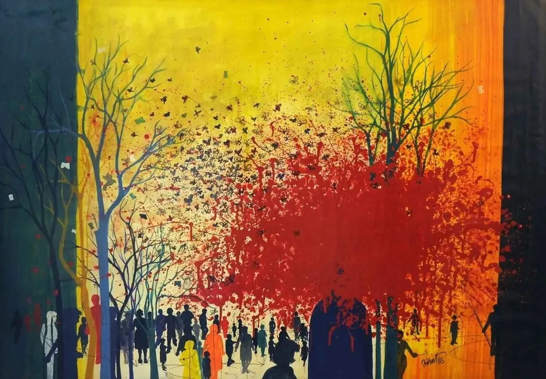 "Sinekler ve kan çiçekleri" eseri NİHAT KAHRAMAN tarafından 1986 yılında 70x100 cm ölçülerinde Kağıt üzeri yağlı boya tekniği ile yapılmıştır.