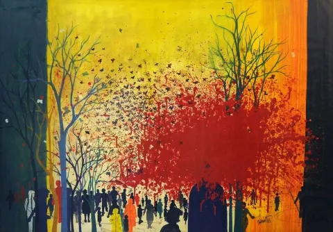 "Sinekler ve kan çiçekleri" eseri NİHAT KAHRAMAN tarafından 1986 yılında 70x100 cm ölçülerinde Kağıt üzeri yağlı boya tekniği ile yapılmıştır.