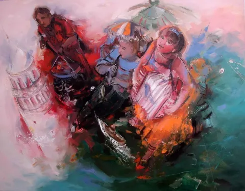 "Ilık günleri bol şehir" eseri PERUZE HAMURCU tarafından 2013 yılında 114x146 cm ölçülerinde Tuval üzeri yağlı boya tekniği ile yapılmıştır.