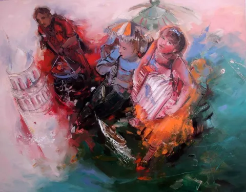 "Ilık günleri bol şehir" eseri PERUZE HAMURCU tarafından 2013 yılında 114x146 cm ölçülerinde Tuval üzeri yağlı boya tekniği ile yapılmıştır.