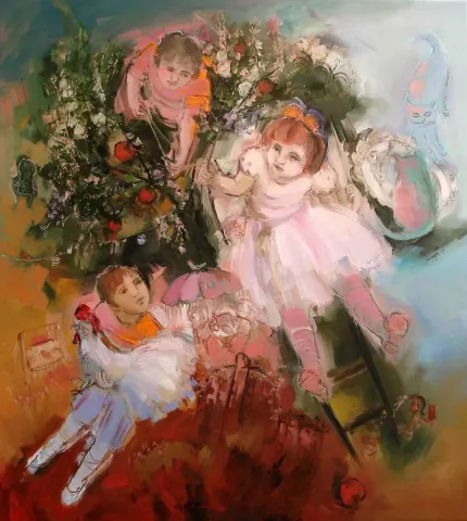 "elma ağacı" eseri PERUZE HAMURCU tarafından 2013 yılında 100x90 cm ölçülerinde Tuval üzeri yağlı boya tekniği ile yapılmıştır.