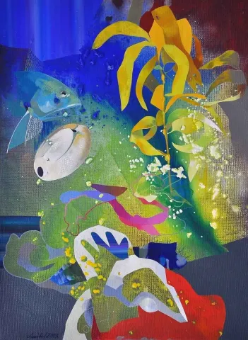 "isimsiz" eseri SEMİH KAPLAN tarafından 2013 yılında 61x46 cm ölçülerinde Tuval üzeri akrilik boya tekniği ile yapılmıştır.