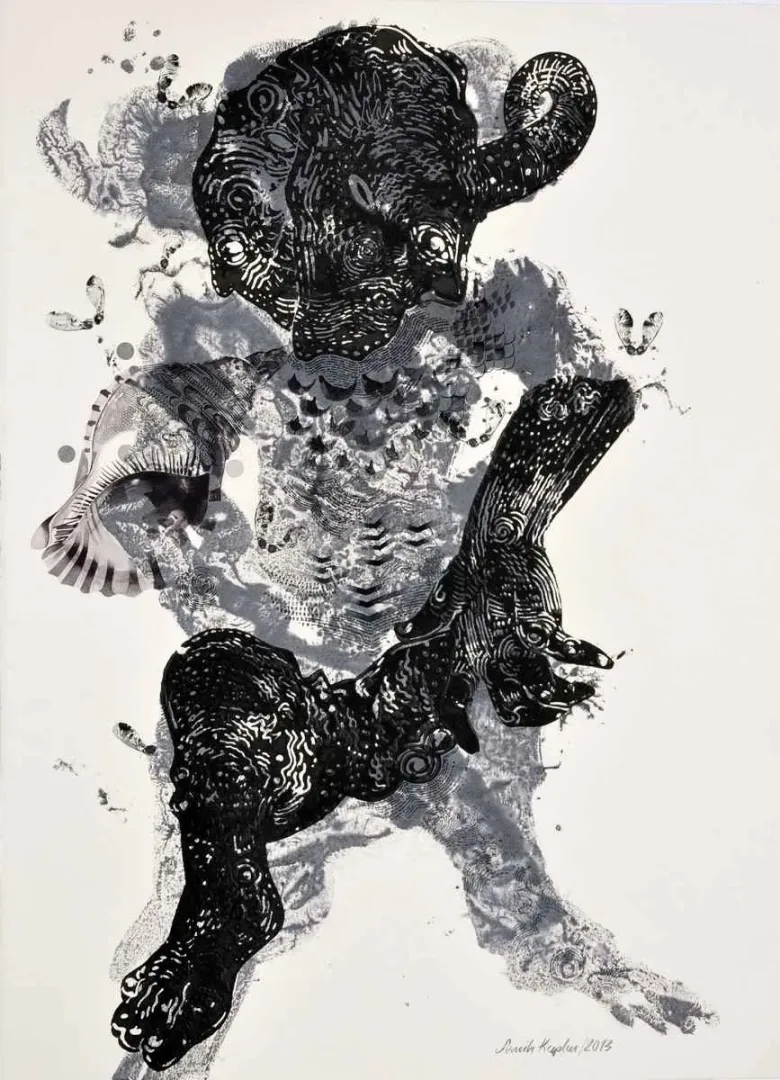 yakınlaştır "Deniz Tanrıları" eseri SEMİH KAPLAN tarafından 2013 yılında 105x75 cm ölçülerinde Kağıt üzeri akrilik ve sulu boya tekniği ile yapılmıştır.
