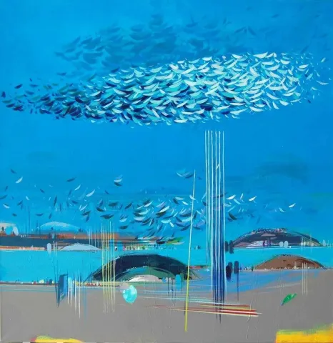 "isimsiz" eseri TAMER BİLGİÇ tarafından 2013 yılında 70x70 cm ölçülerinde Tuval üzeri akrilik boya tekniği ile yapılmıştır.