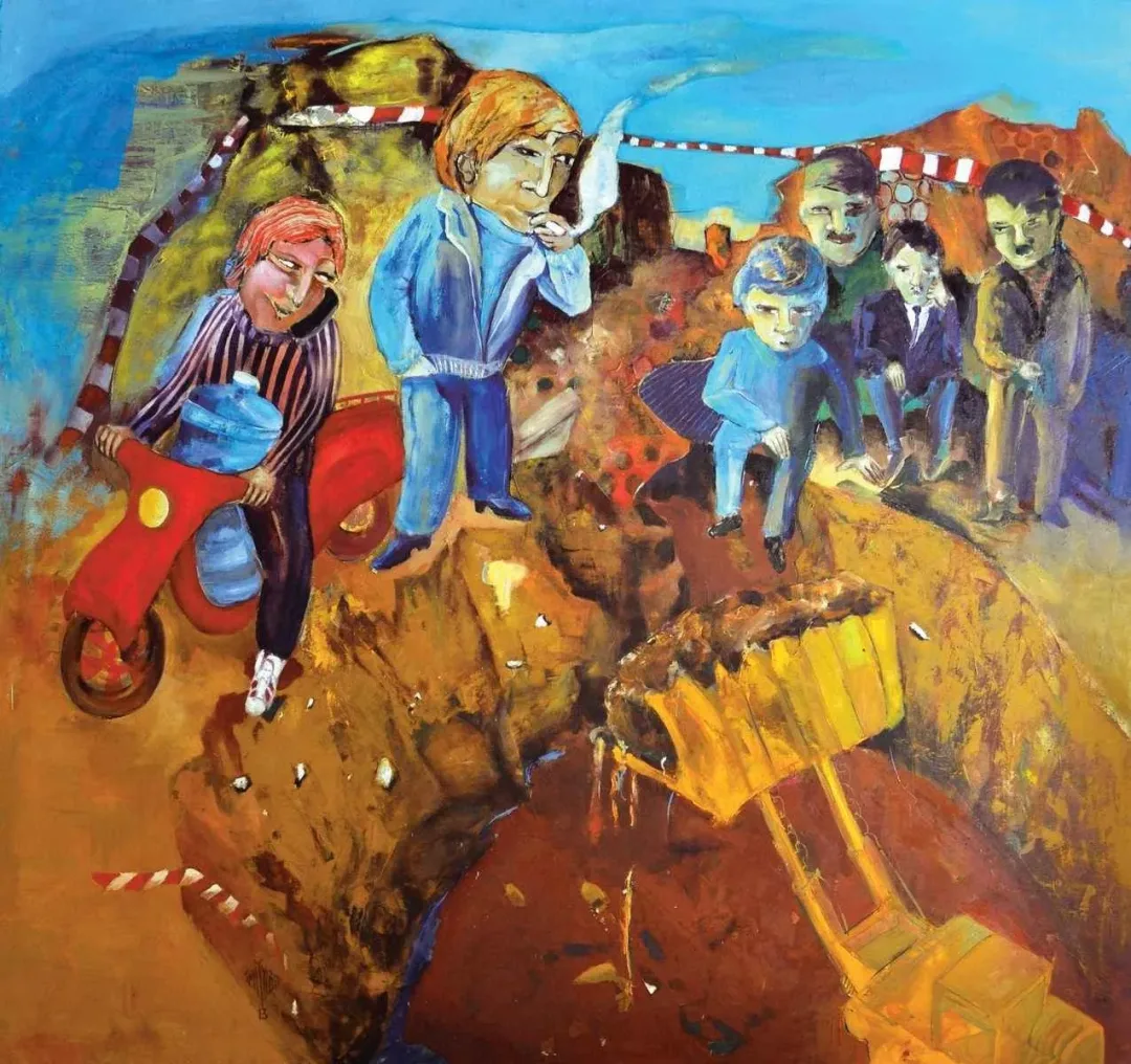 yakınlaştır "Çukurdayız" eseri ÜMİT YİĞİT tarafından 2013 yılında 160x170 cm ölçülerinde Tuval üzeri yağlı boya tekniği ile yapılmıştır.