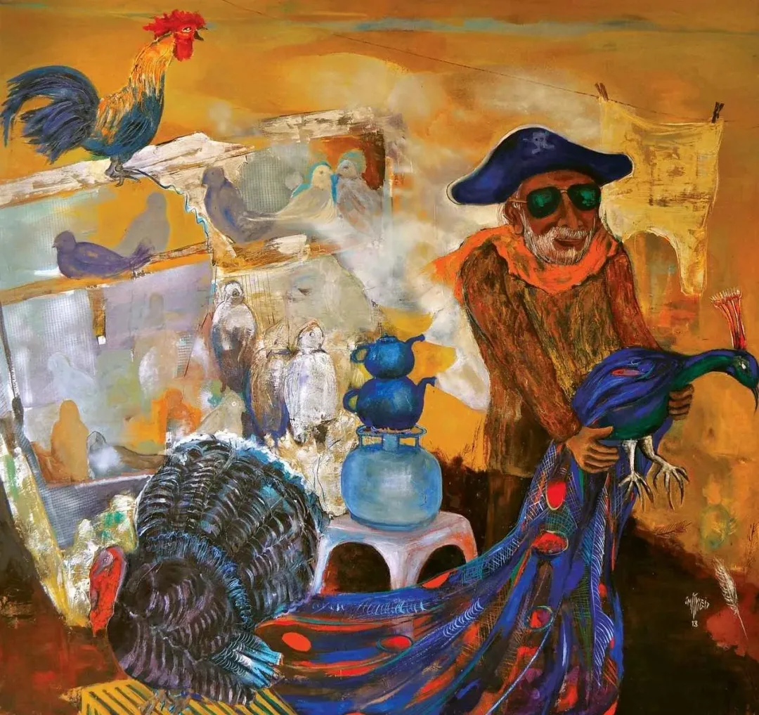 yakınlaştır "Kuş Pazarı" eseri ÜMİT YİĞİT tarafından 2013 yılında 160x170 cm ölçülerinde Tuval üzeri yağlı boya tekniği ile yapılmıştır.