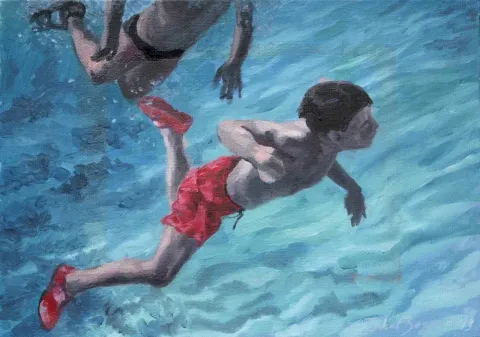 "Oyun" eseri ZUHAL BAYSAR tarafından 2013 yılında 25x35 cm ölçülerinde Tuval üzeri yağlı boya tekniği ile yapılmıştır.