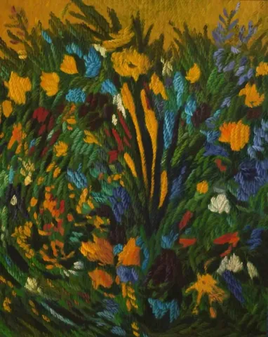 "Benim Çiçeklerim 4" eseri AHMET YEŞİL tarafından 2013 yılında 90x70 cm ölçülerinde Tuval üzeri yağlı boya tekniği ile yapılmıştır.