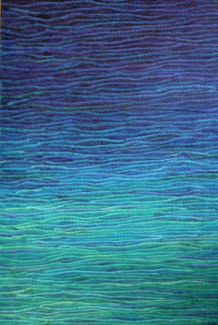 "Mavi Üzerine Notlar" eseri AHMET YEŞİL tarafından 2014 yılında 150x90 cm ölçülerinde Tuval üzeri yağlı boya tekniği ile yapılmıştır.