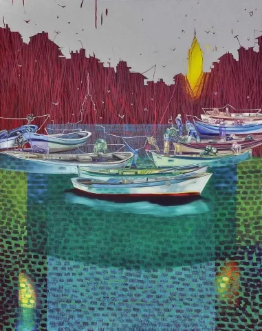 "isimsiz" eseri BAKİ BODUR tarafından 2014 yılında 92x73 cm ölçülerinde Tuval üzeri akrilik boya tekniği ile yapılmıştır.