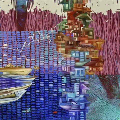 "isimsiz" eseri BAKİ BODUR tarafından 2014 yılında 40x40 cm ölçülerinde Tuval üzeri akrilik boya tekniği ile yapılmıştır.