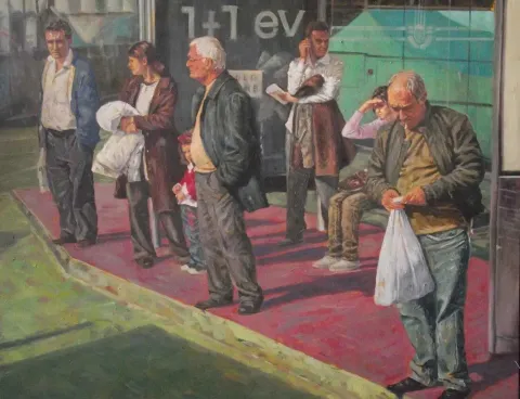 ÖMER EKEN — “Durak”, 2014 "Durak" eseri ÖMER EKEN tarafından 2014 yılında 80x100 cm ölçülerinde Tuval üzeri yağlı boya tekniği ile yapılmıştır.