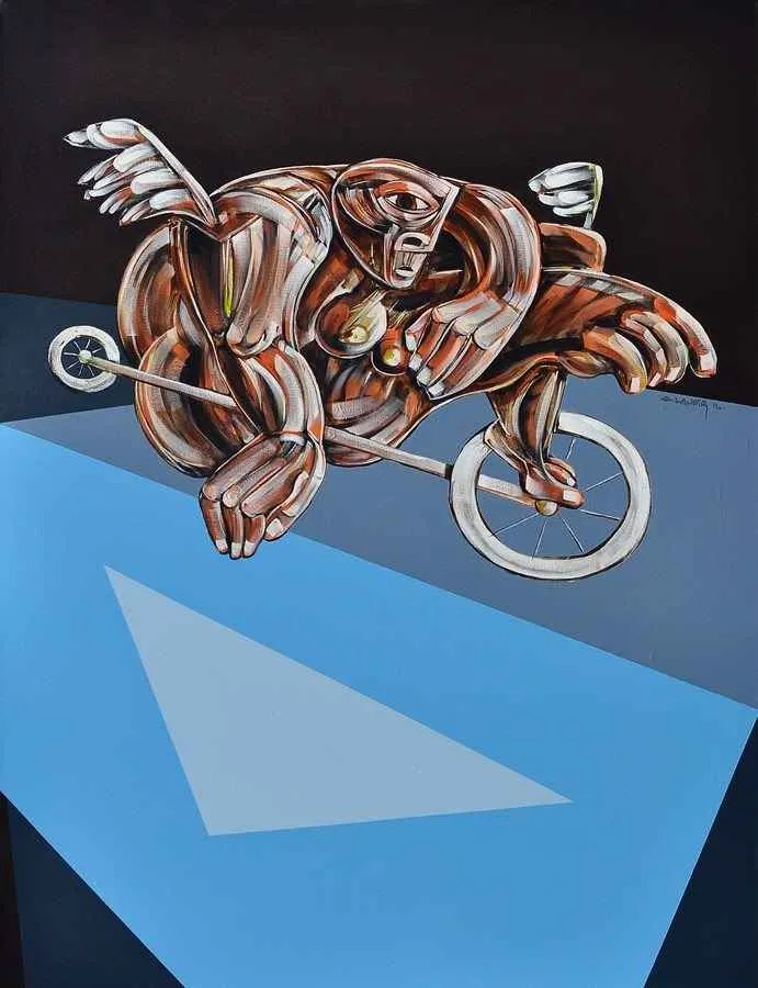 yakınlaştır "Bisikletli" eseri ERHAN LANPİR tarafından 2014 yılında 89x116 cm ölçülerinde Tuval üzeri akrilik boya tekniği ile yapılmıştır.