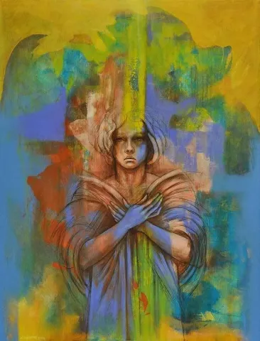 CEYHUN YAMAN — “Vahiy”, 2014 "Vahiy" eseri CEYHUN YAMAN tarafından 2014 yılında 116x89 cm ölçülerinde Tuval üzeri akrilik boya tekniği ile yapılmıştır.