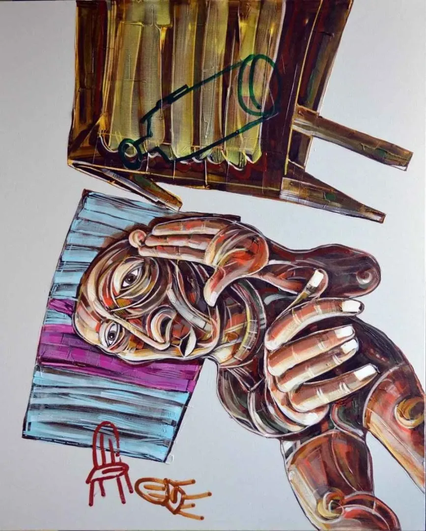"Serbest Düşüş" eseri ERHAN LANPİR tarafından 2014 yılında 93x72 cm ölçülerinde Tuval üzeri akrilik boya tekniği ile yapılmıştır.