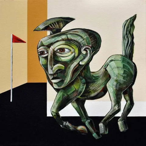 ERHAN LANPİR — “At L Şeklinde Gider”, 2014 "At L Şeklinde Gider" eseri ERHAN LANPİR tarafından 2014 yılında 40x40 cm ölçülerinde Tuval üzeri akrilik boya tekniği ile yapılmıştır.