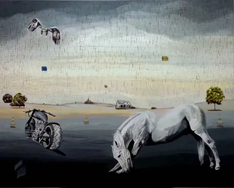 "Düş 12" eseri HAKAN ADA tarafından 2014 yılında 150x190 cm ölçülerinde Tuval üzeri akrilik boya tekniği ile yapılmıştır.